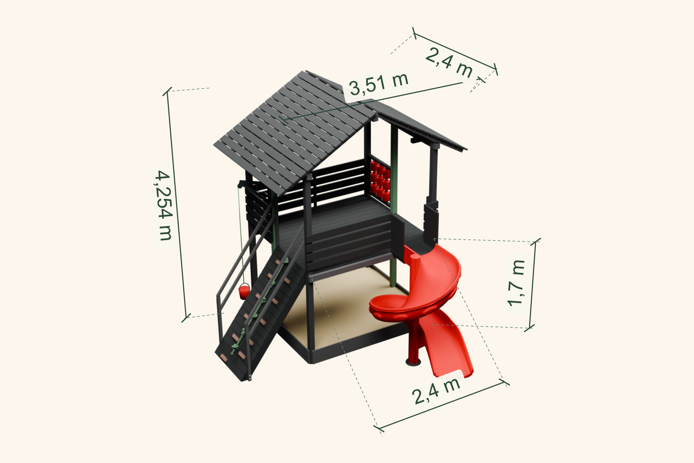 Plano 3D de casita, rampa y tobogán: alturas, base, techo, acceso, arenero