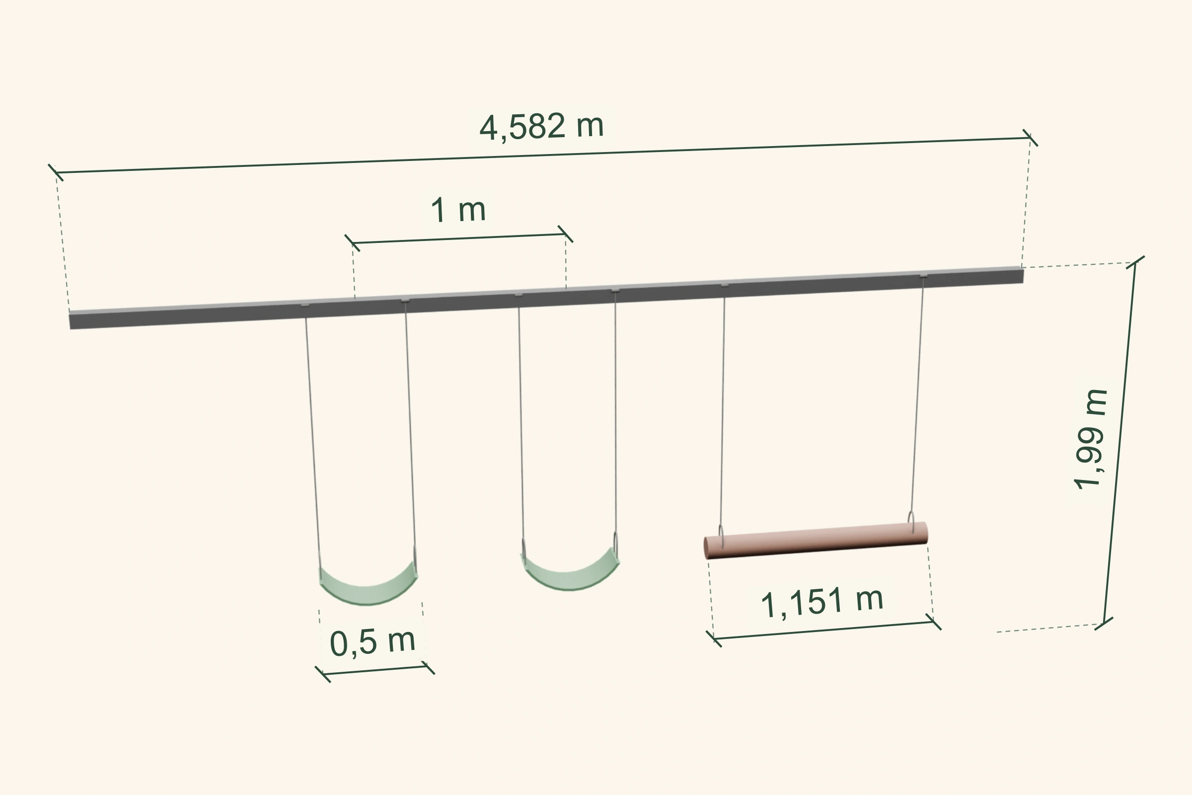 Plano 3D de hamacas centrales: viga de 4,582 m, altura 1,99 m, separación entre centros de 1 m y cotas de asientos y barra