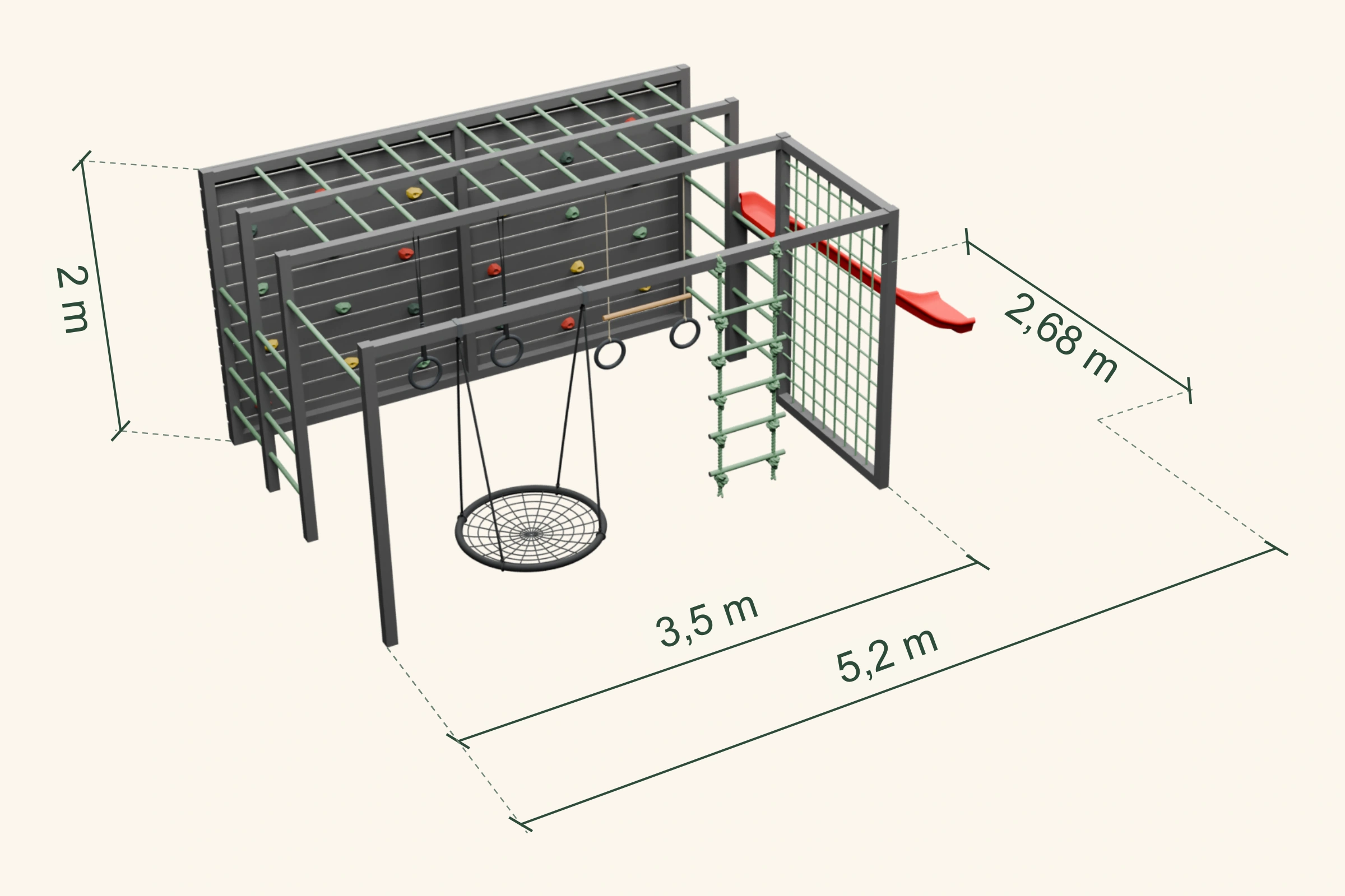Plano 3D de trepa: estructura de 3,5 × 2,68 × 2 m, largo con tobogán 5,2 m y medidas de accesorios