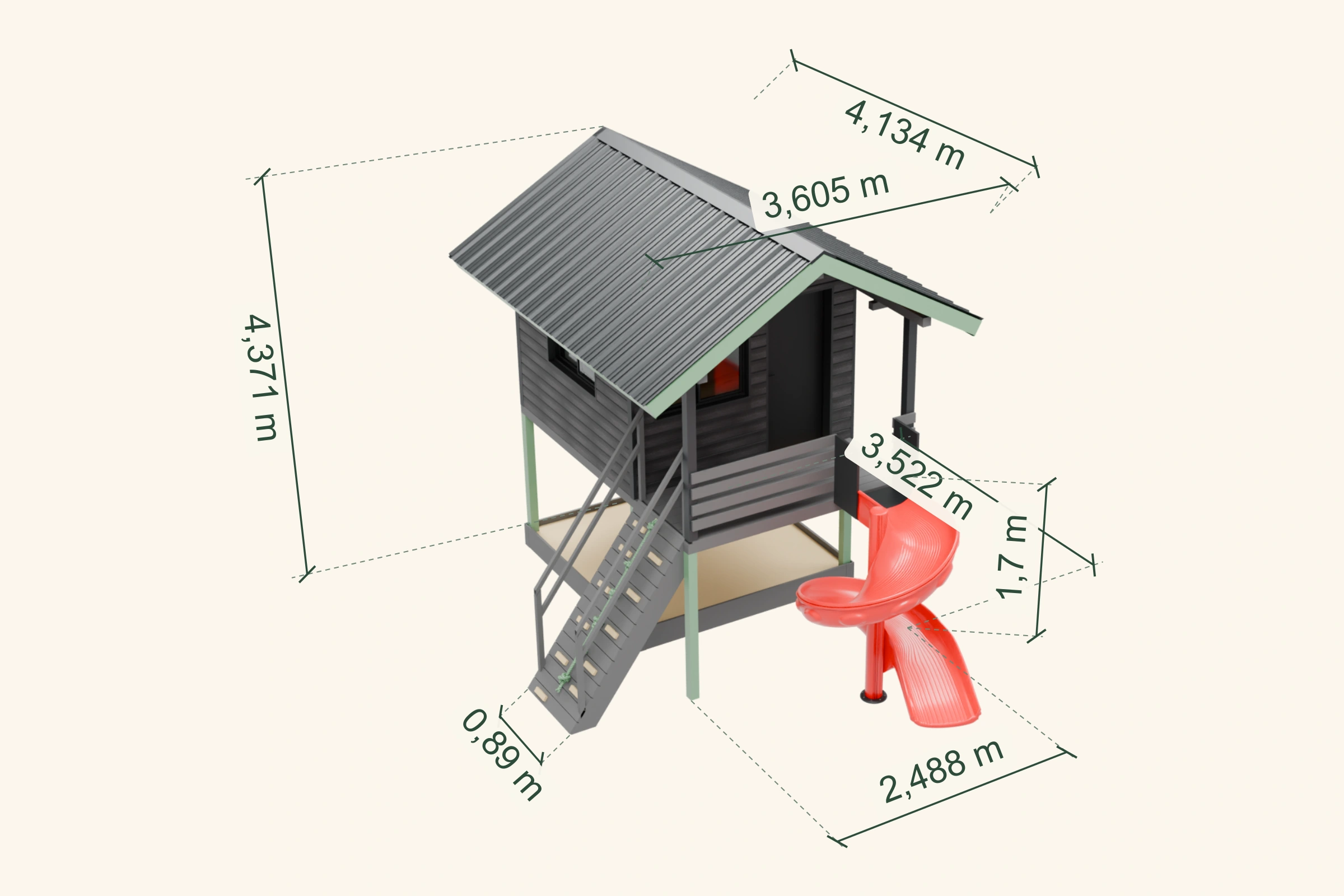 Plano 3D de casita, rampa y tobogán: alturas, base, techo, acceso, arenero y ventana