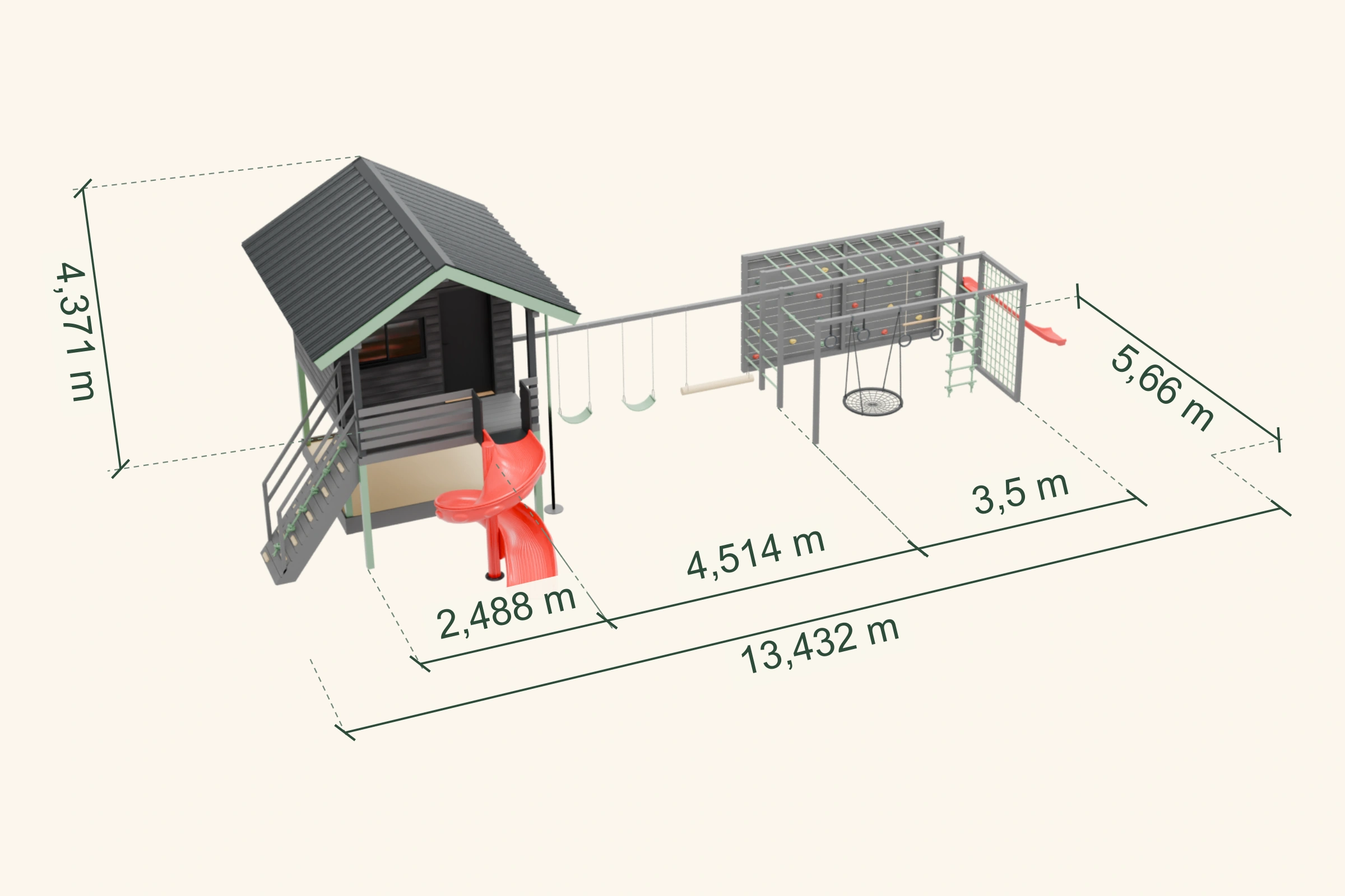 Plano 3D general del Circuito 28: largo 13,432 m, profundidad 5,66 m, altura 4,371 m y medidas por sector