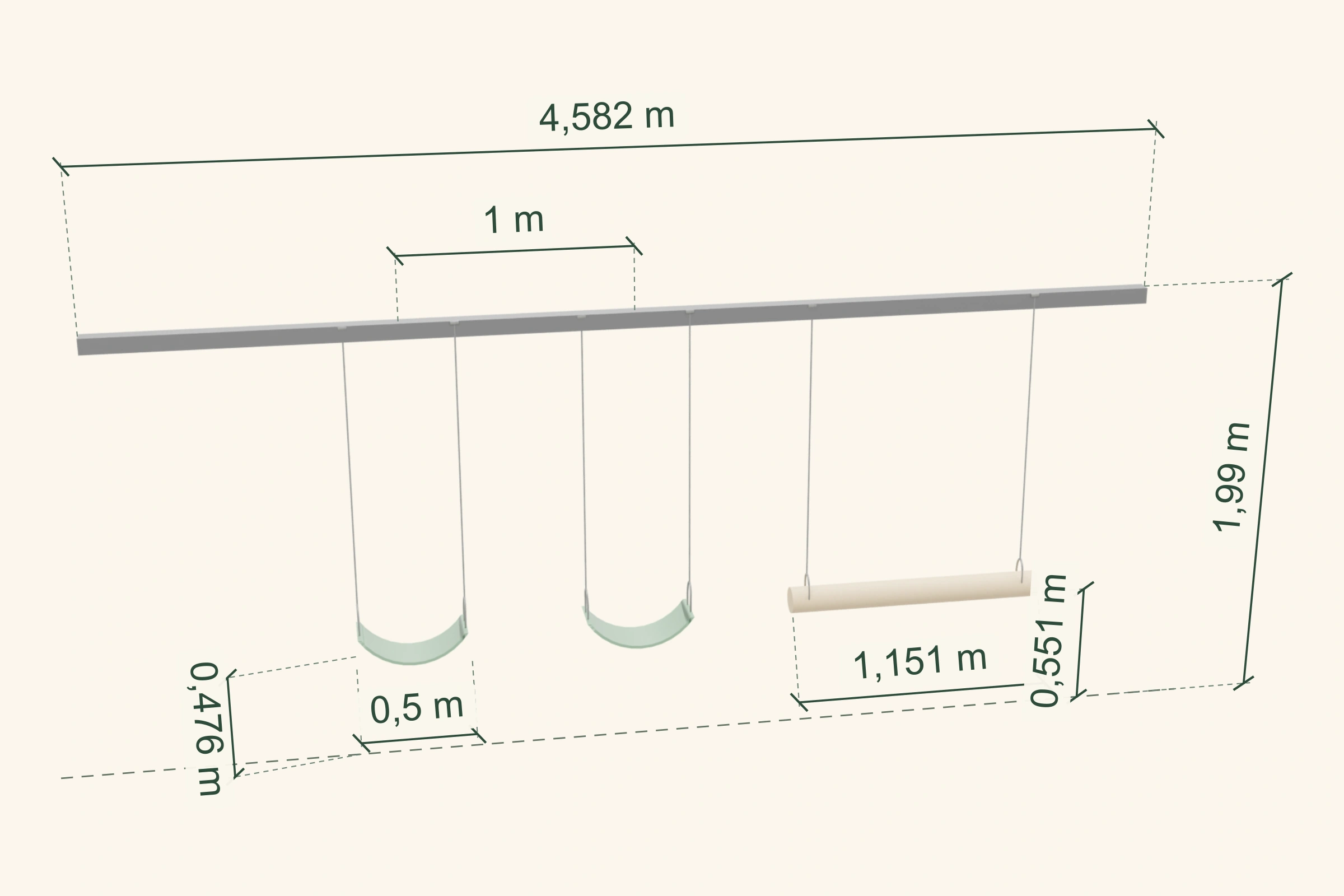 Plano 3D de hamacas centrales: viga de 4,582 m, altura 1,99 m, separación entre centros de 1 m y cotas de asientos y barra
