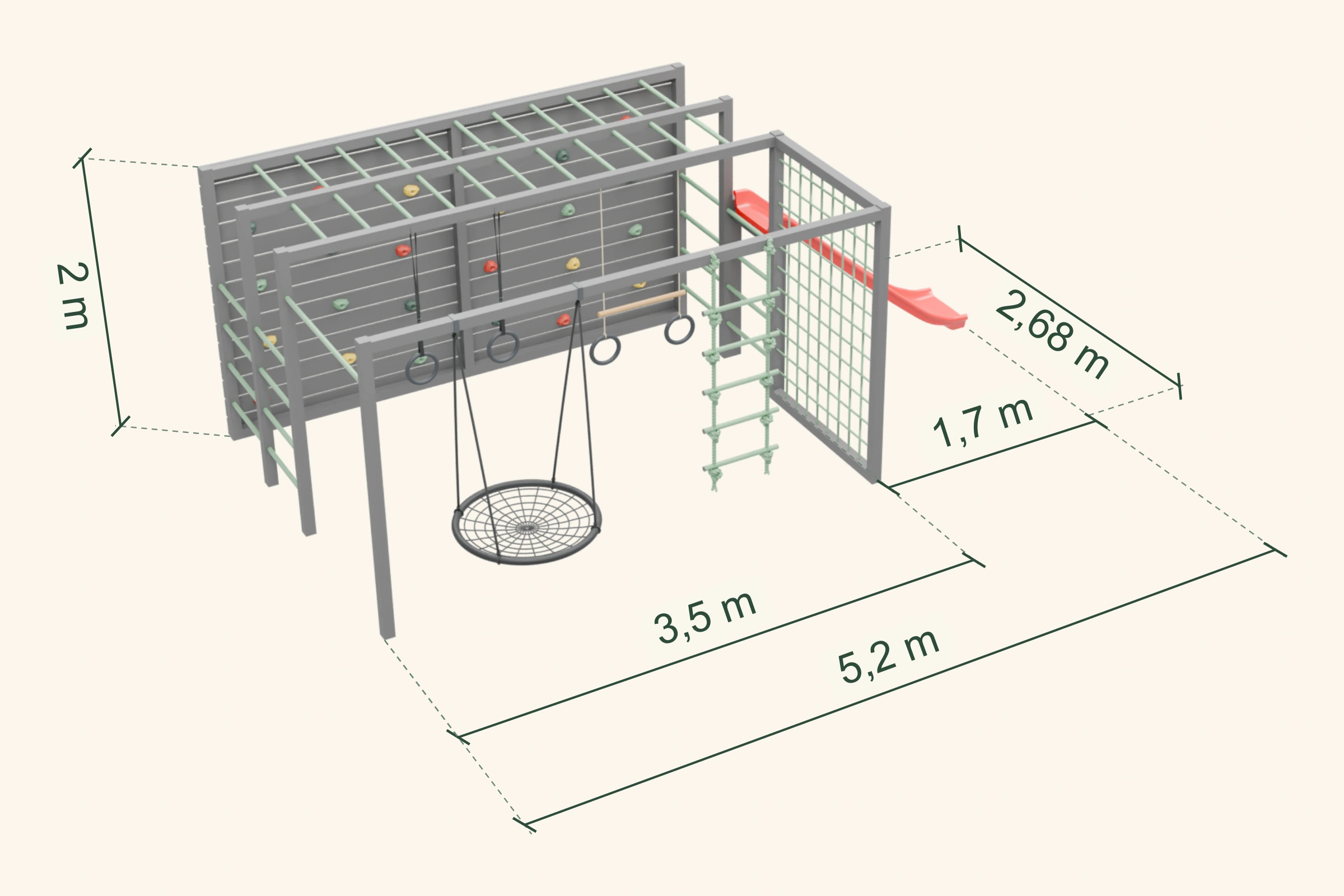 Plano 3D de trepa: estructura de 3,5 × 2,68 × 2 m, largo con tobogán 5,2 m y medidas de accesorios