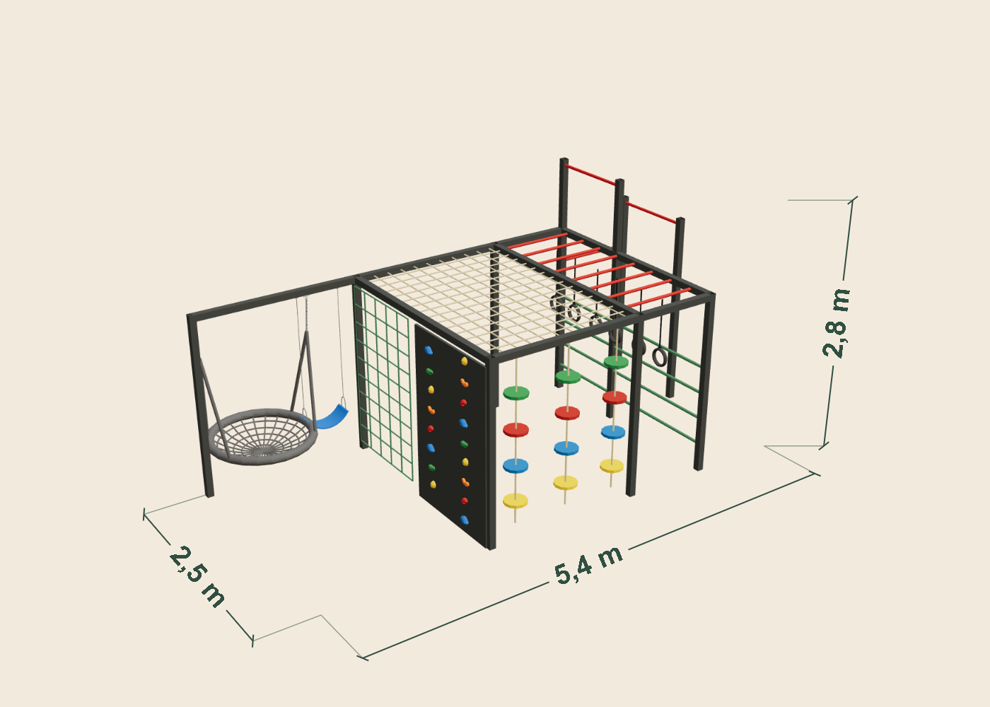 Plano dimensional del Circuito 25: 5,4 m de ancho, 2,5 m de profundidad y 2,8 m de alto. Medidas aproximadas de la estructura.