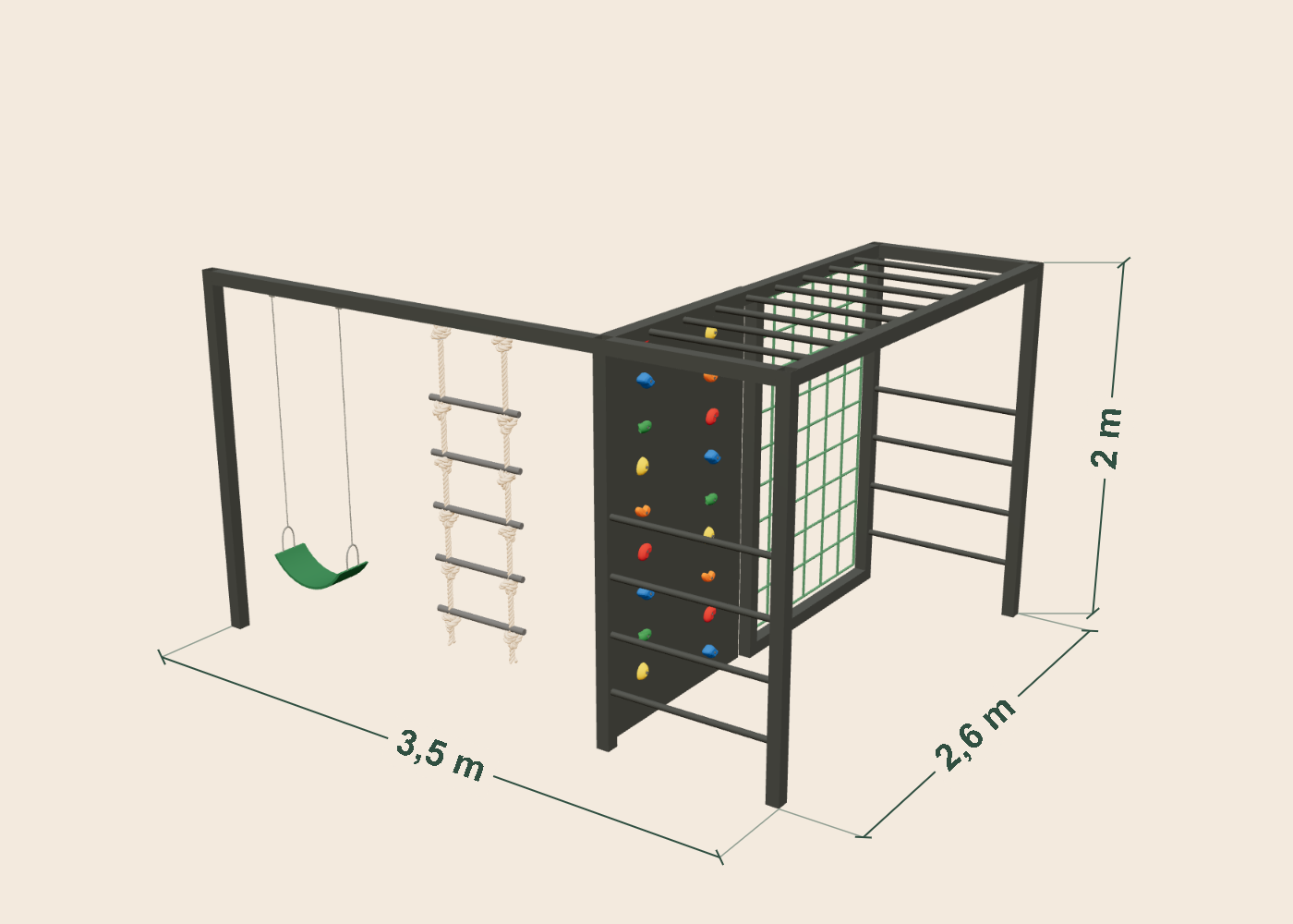 Plano dimensional del Circuito 8: 3,5 m de ancho, 2,6 m de profundidad y 2 m de alto. Medidas aproximadas de la estructura.