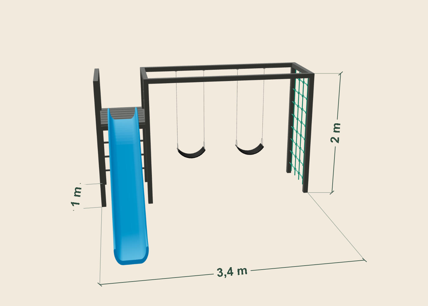 Plano dimensional del Circuito 2 K: 3,4 m de ancho, 1 m de profundidad y 2 m de alto. Medidas aproximadas de la estructura.