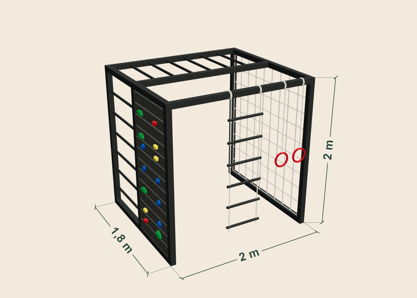 Plano dimensional del Circuito 7: 2 m de ancho, 1,8 m de profundidad y 2 m de alto. Medidas aproximadas de la estructura.