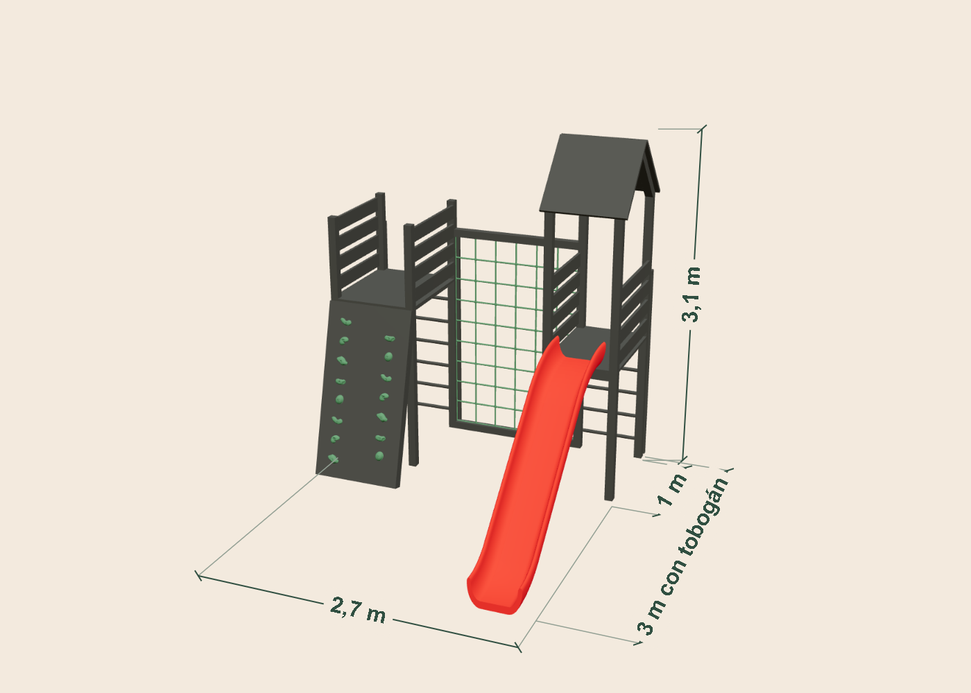 Plano dimensional del Circuito 12: 2,7 m de ancho, 1 m de profundidad entre postes y 3,1 m de alto. Fondo total con tobogán: 3 m. Medidas aproximadas de la estructura.