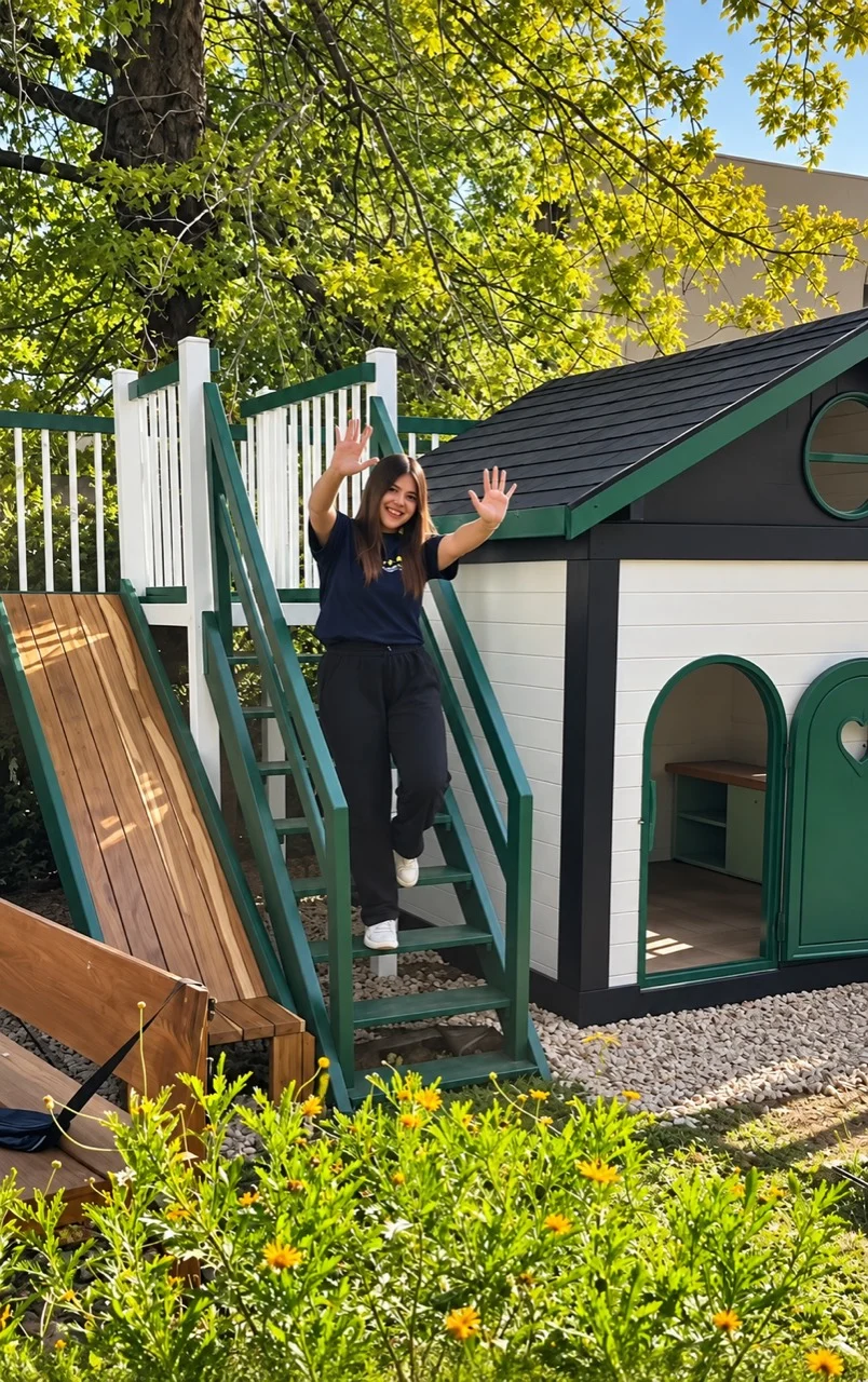 Casita de exterior con terraza elevada, escalera, tobogán de madera y detalles en verde.