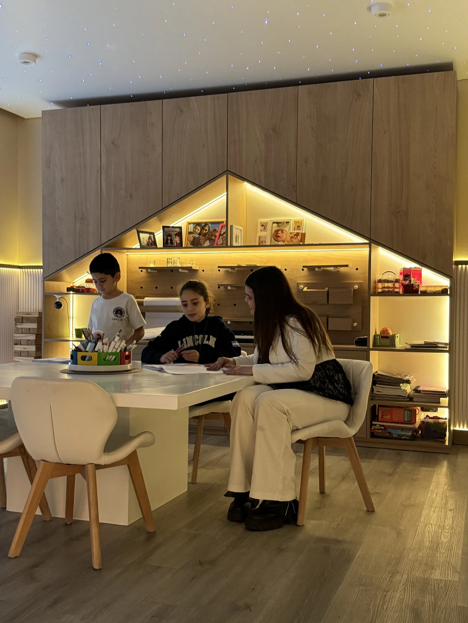 Espacio creativo con biblioteca a medida e iluminación